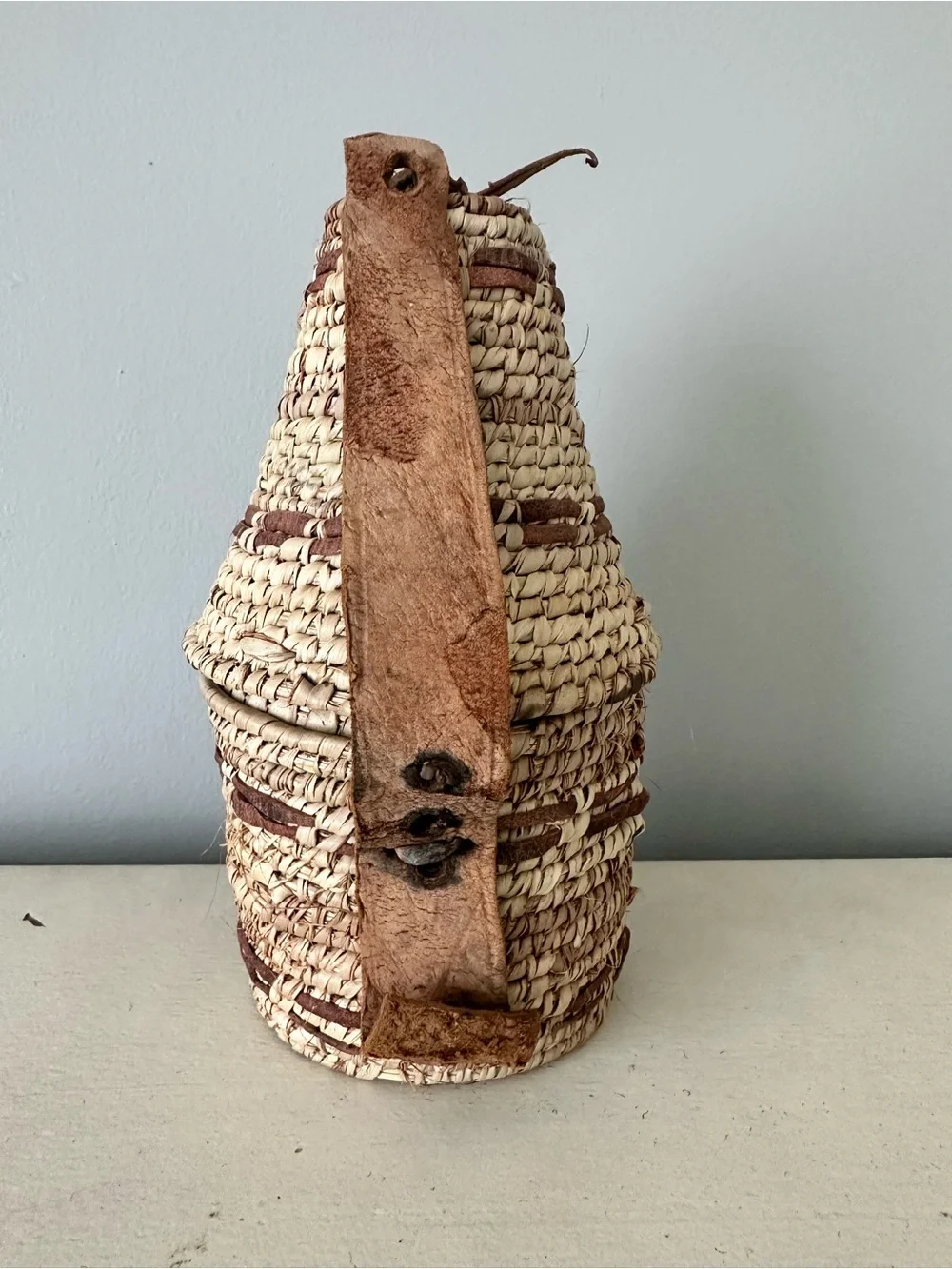Antique Egyptian handmade leather basket with lid Africa African vintage
